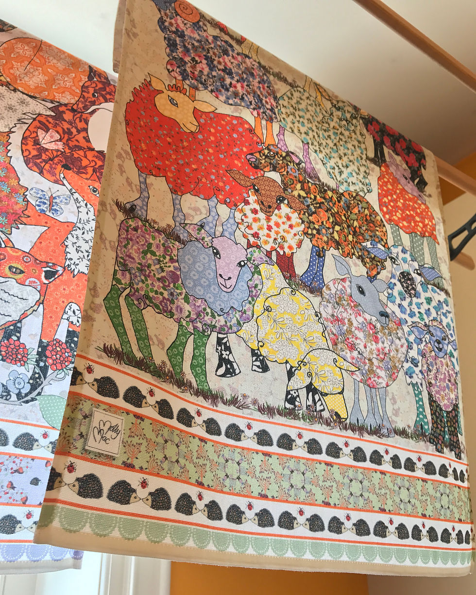 Miniaturbild: Sheep tea towel. Printed kitchen towel with sheep in a variety of patterns, vibrant and pretty