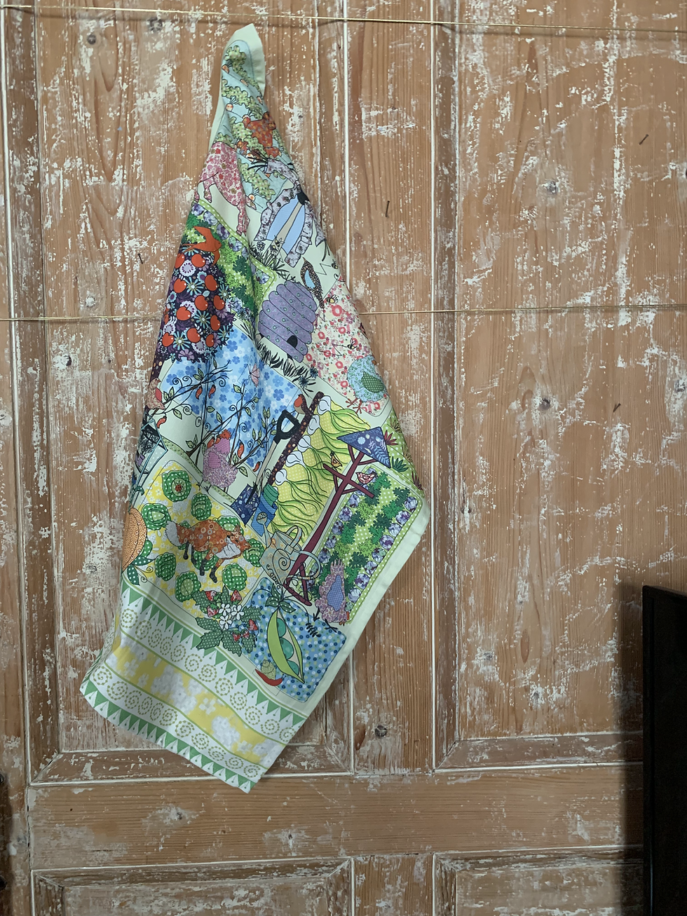 Thumbnail: Farm or allotment  design by MollyMac, cotton printed tea towel for your kitchen