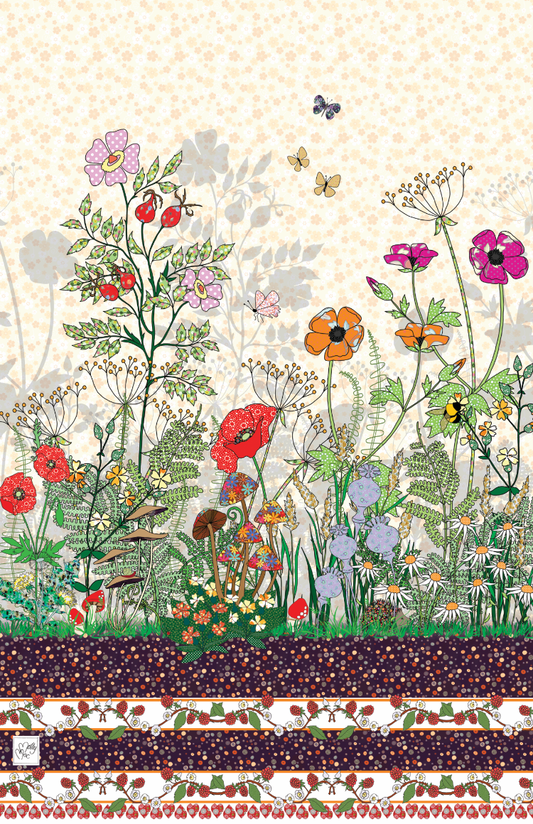 Miniaturbild: Wildflowers in a Hedgerow, with butterflies, bees and hedgehog, pretty tea towel design fro your kitchen or home