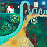 The painting is of green with one White House. A yellow ochre path goes through the painting.