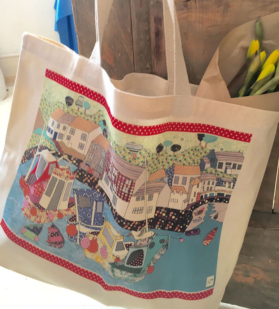 Miniatura: Seaside Harbour with fishing boats design on a canvas shopper
