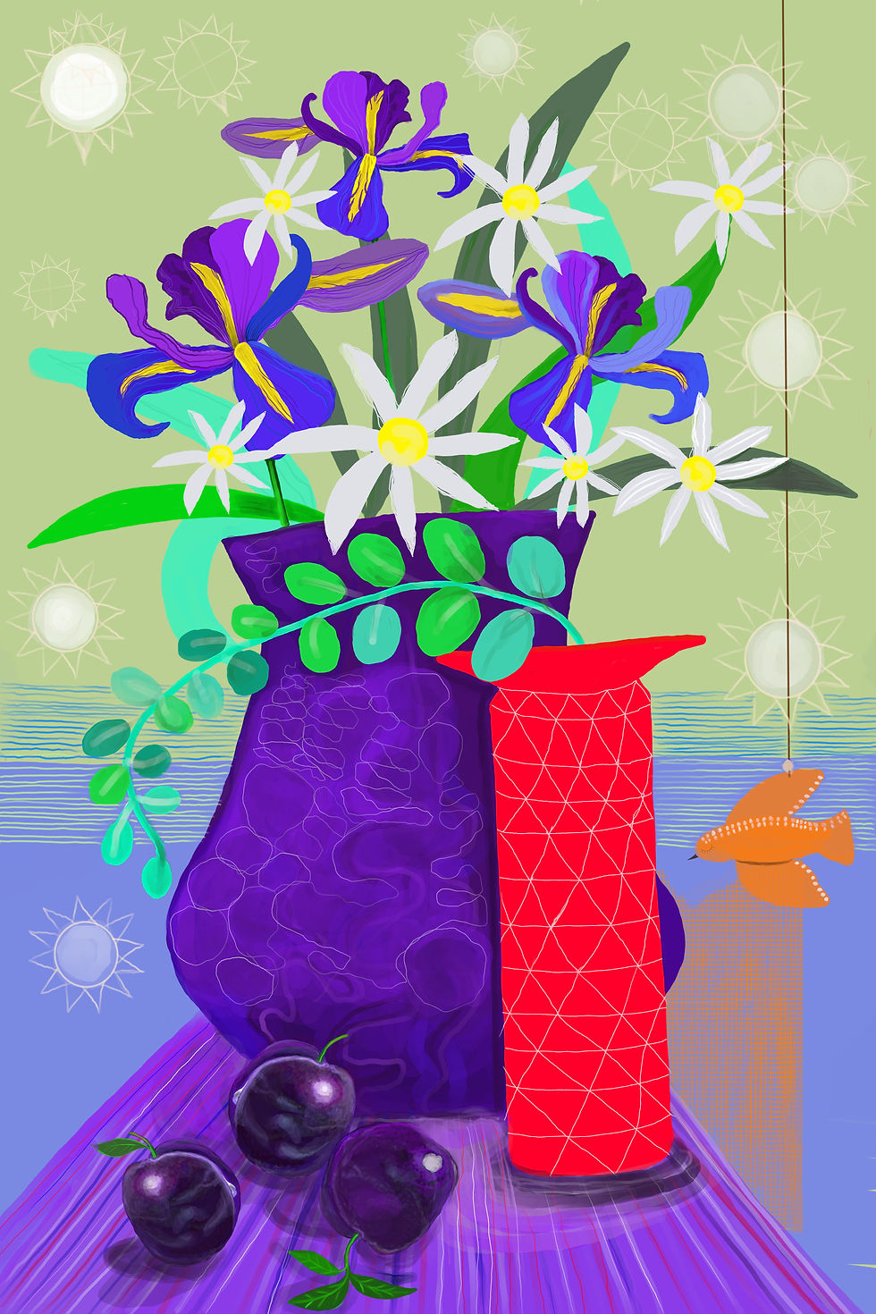 Colourful Still Life with purple and red vase, iris and hanging bird