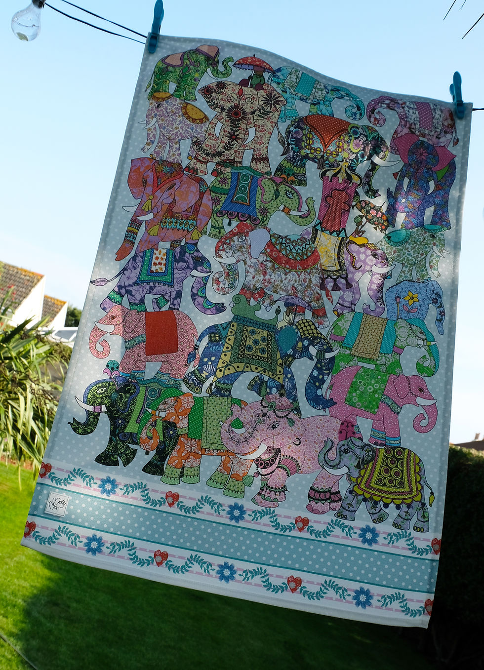 Thumbnail: Elephant teatowel, indian elephants, colourful printed kitchen towel