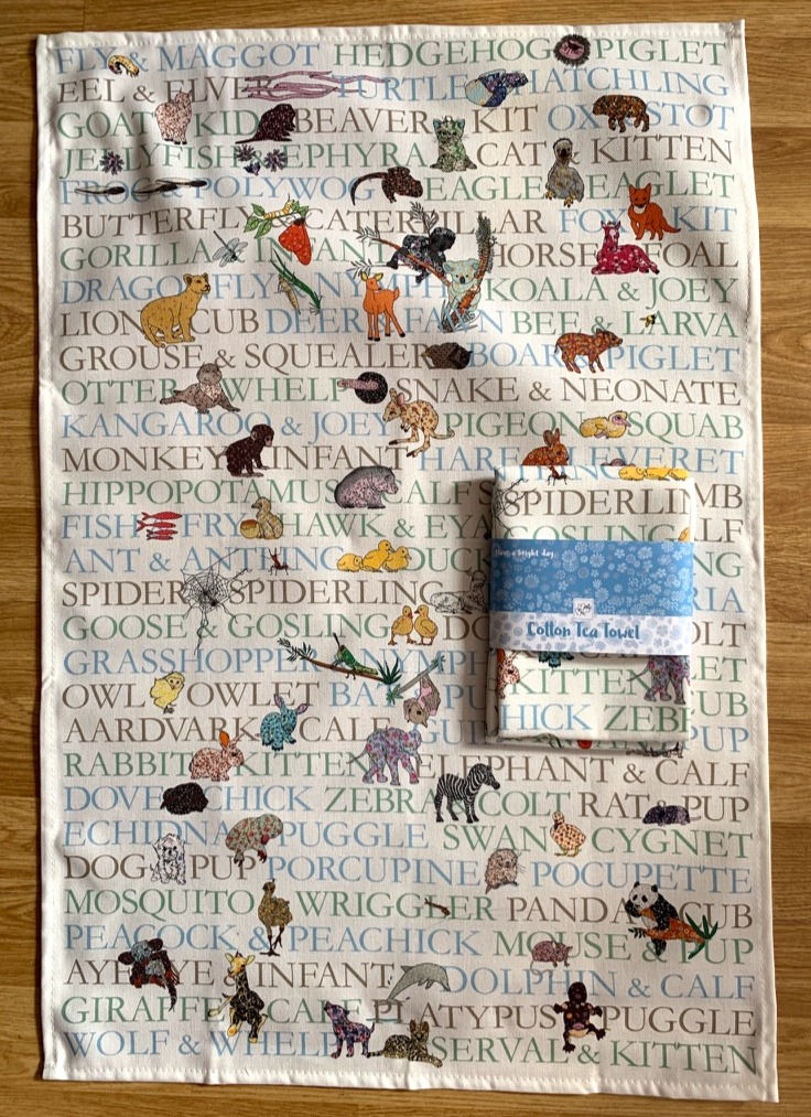 Miniature : Tea towel -Illustrated text design with the animals and their babies drawn. Some are cute, some less so!