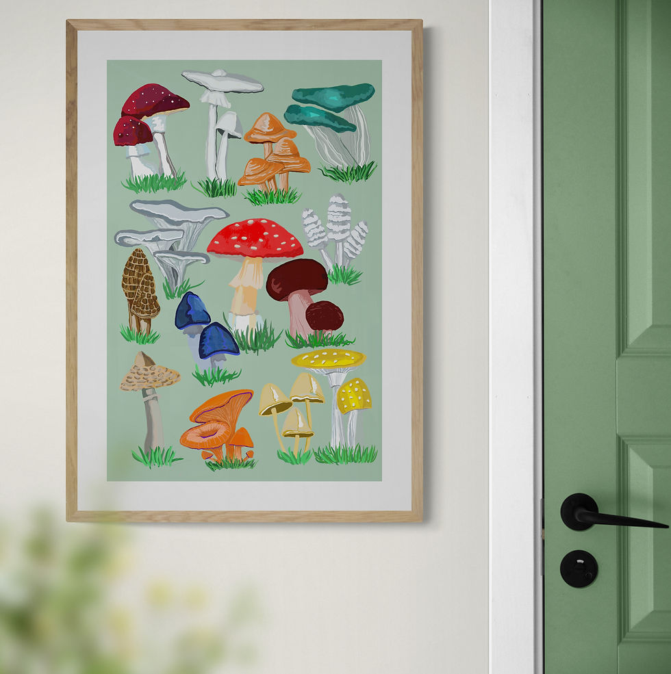 Miniaturbild: Lots of colourful mushrooms on a mint background, framed and on a wall