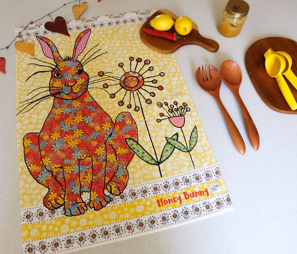 Thumbnail: rabbit. tea towel with slogan 'Honey Bunny' rabbit kitchen towel - lifestyle
