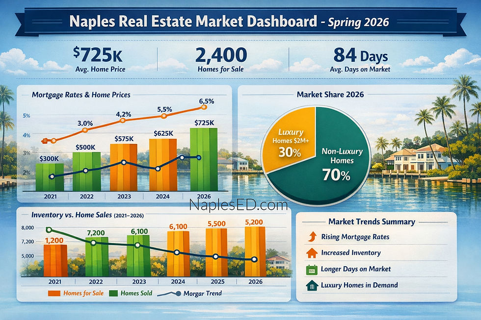 Naples Real Estate Market Dashboard 2026 showing home price trends, mortgage rates, inventory vs sales, and luxury housing market share.