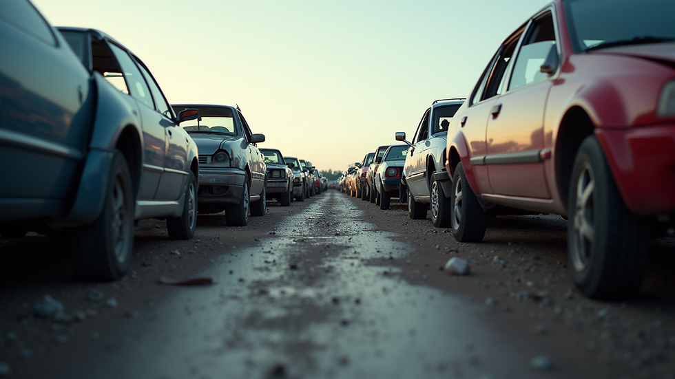 Eye-level view of a car salvage yard with rows of vehicles