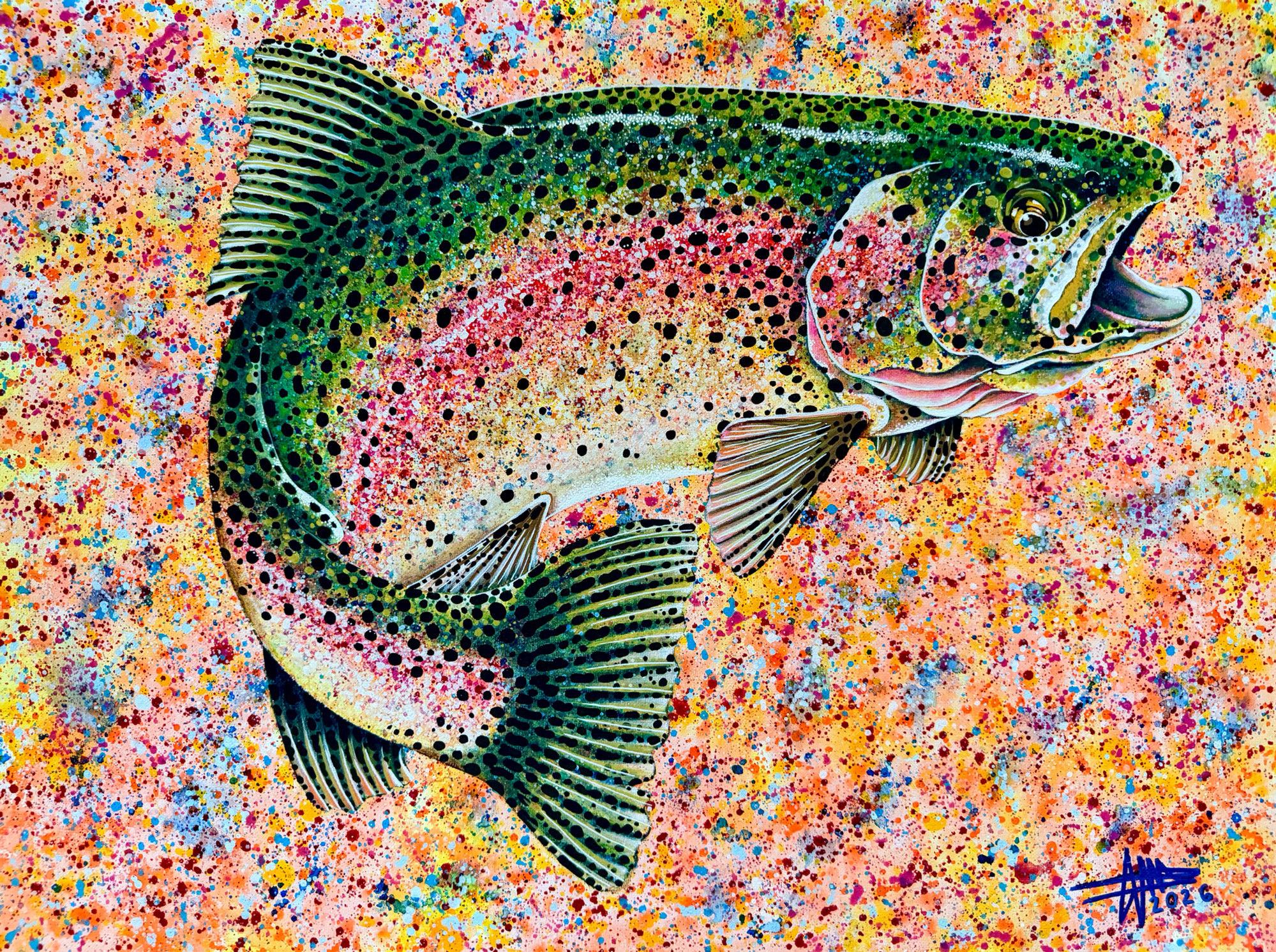 Hairpin Turn – Rainbow Trout, original acrylic painting by James Gardner
