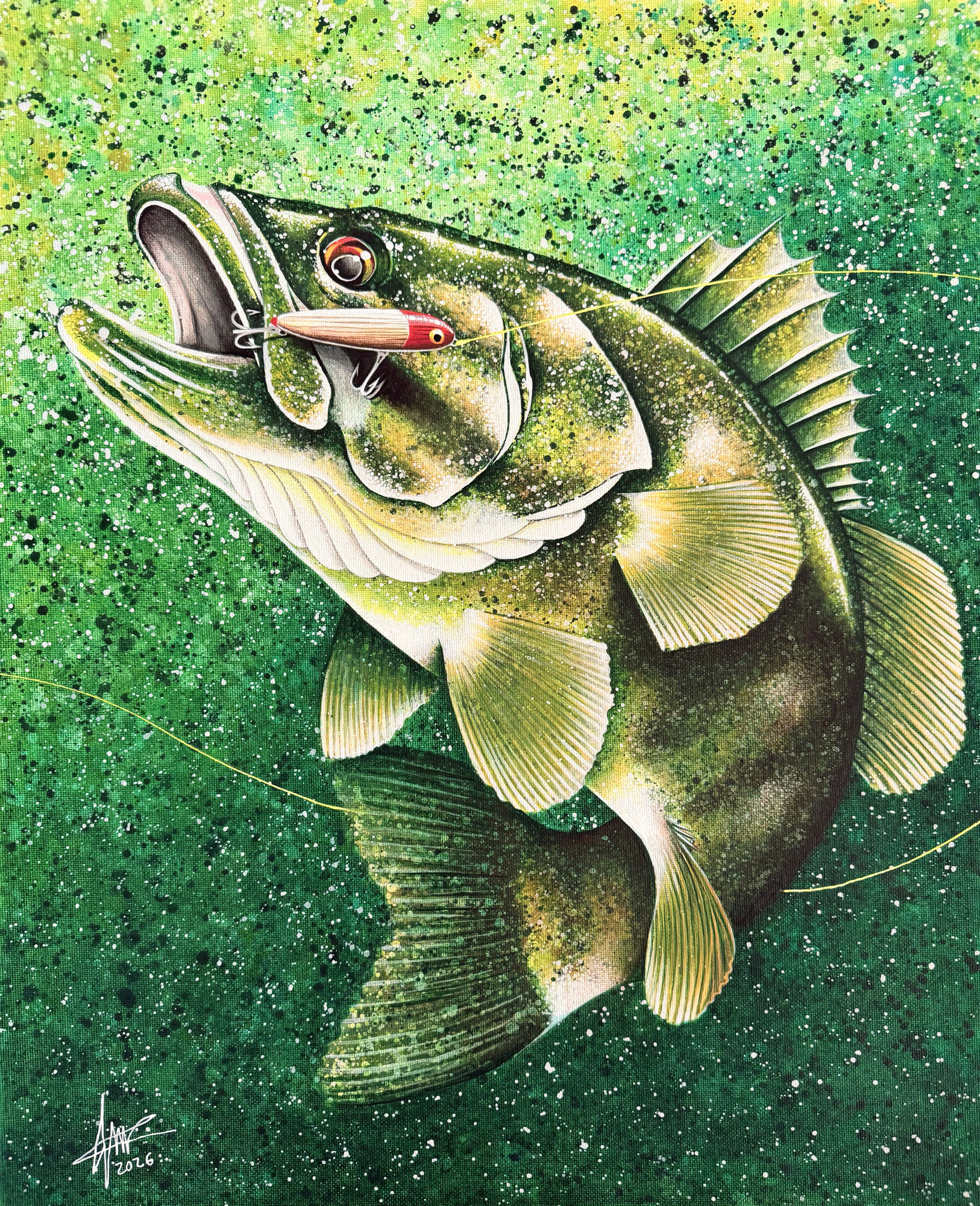 Walk the Dog – Smallmouth Bass hitting a vintage Heddon Zara Spook, original acrylic painting by James Gardner