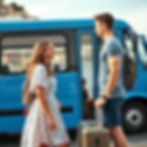 A young lady and a young man with one suitcase by the blue bus Amalfi with a Sea view .jp