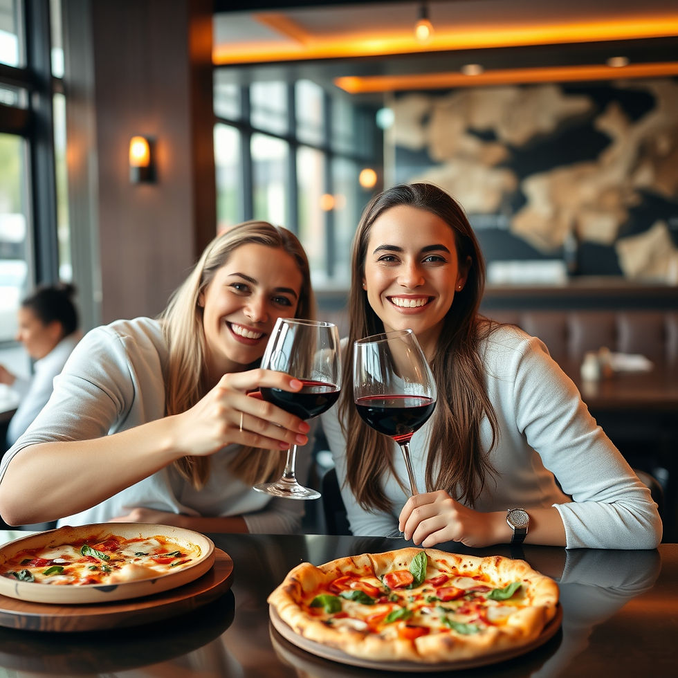 One young couple smiling and toasting at the table of a nice restaurant with red wine and pizza .jpg
