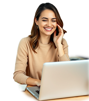 Portrait image of a woman sitting at a home office desk using their laptop with a facial e
