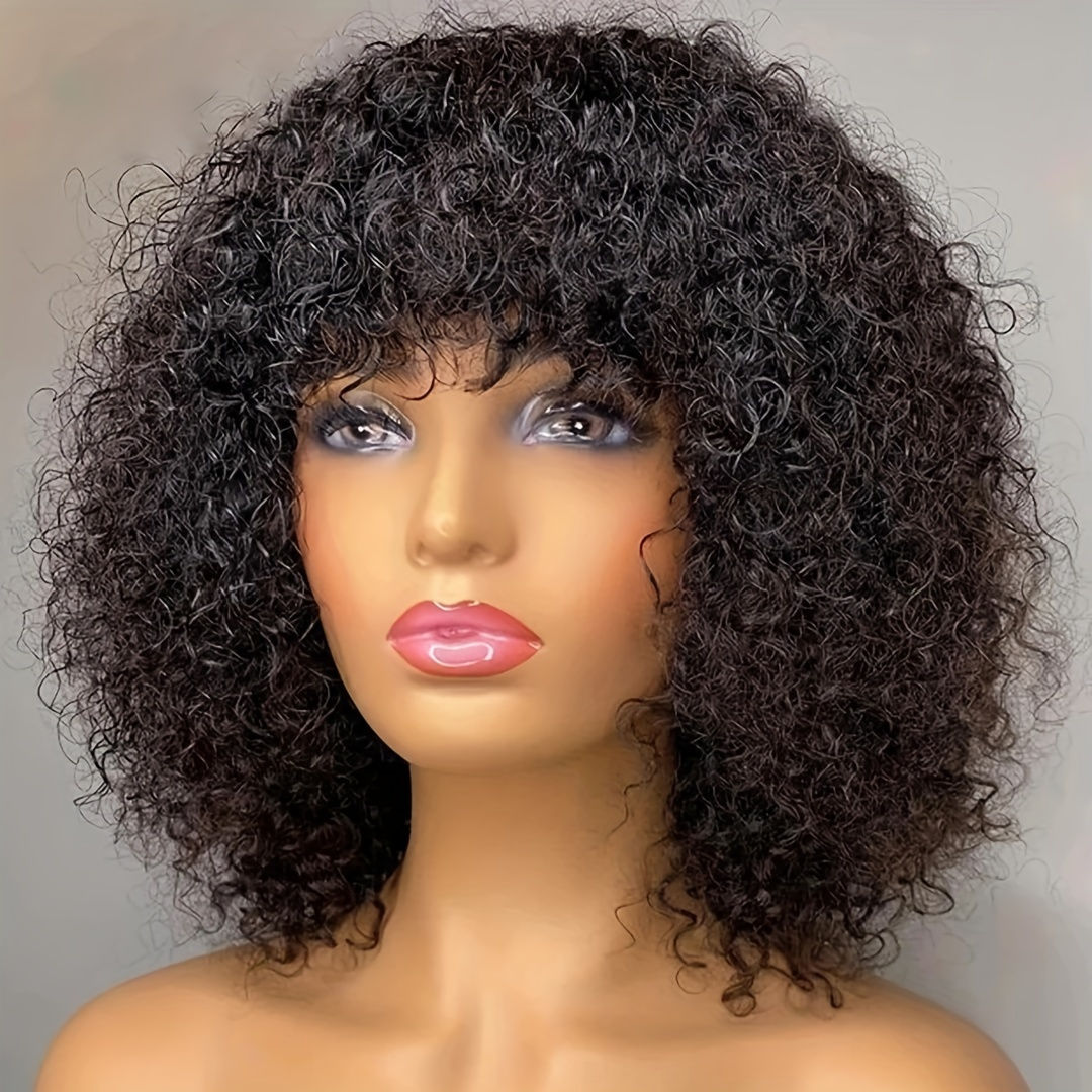 150% 120-170G Brazilian Human Hair Curly Bob Wigs With Bangs Natural Color Gluel
