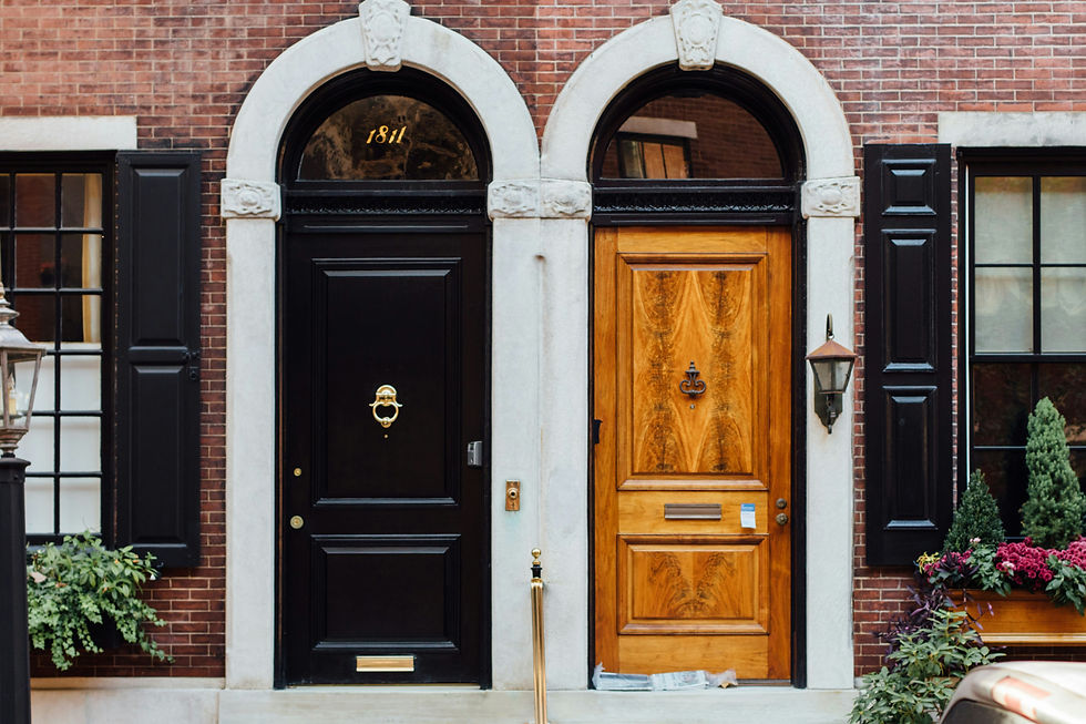Close-up of two front doors on a historic building, one black and one wood, with brick facade and plants by the entrance.