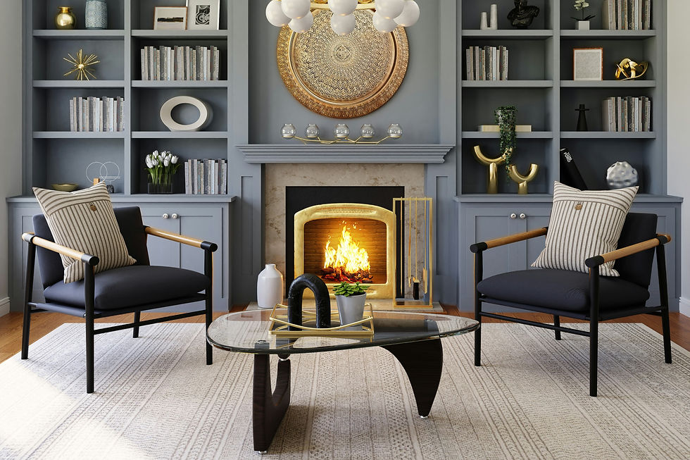 Elegant living room with a fireplace, stylish furnishings, and a well-curated bookshelf