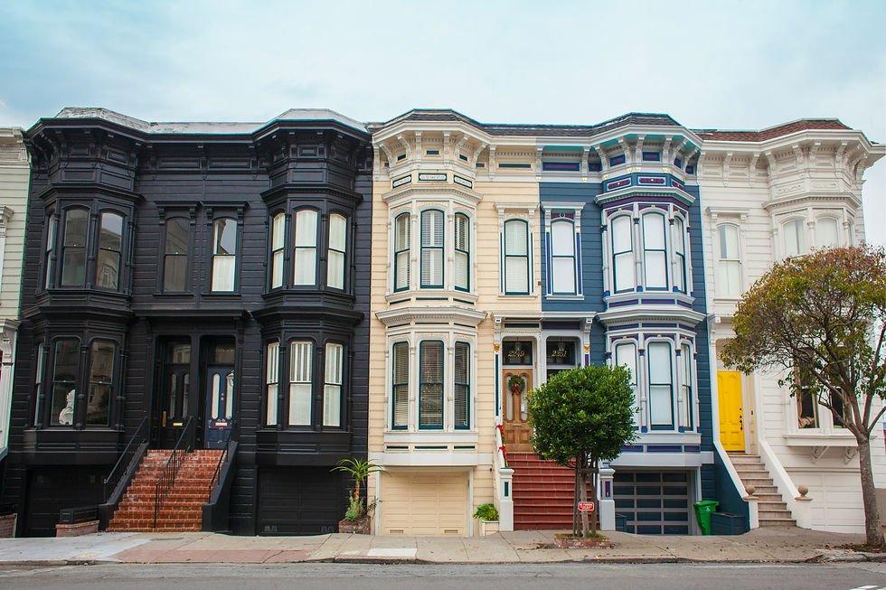 Victorian style row houses with distinctive colors and architectural details