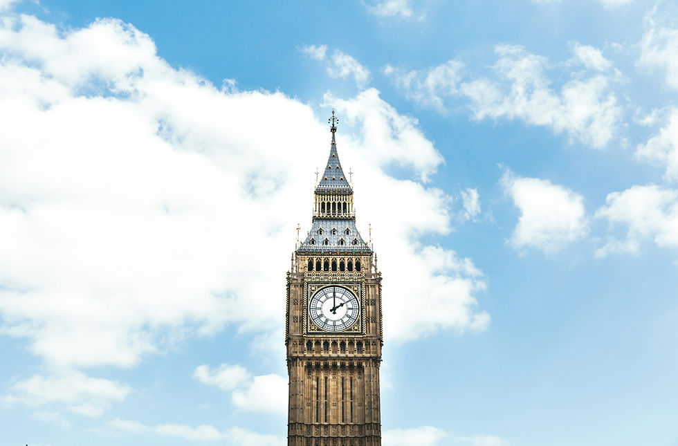 Iconic view of Big Ben in London, with clear blue skies and clouds, capturing the clock tower's historic architecture.