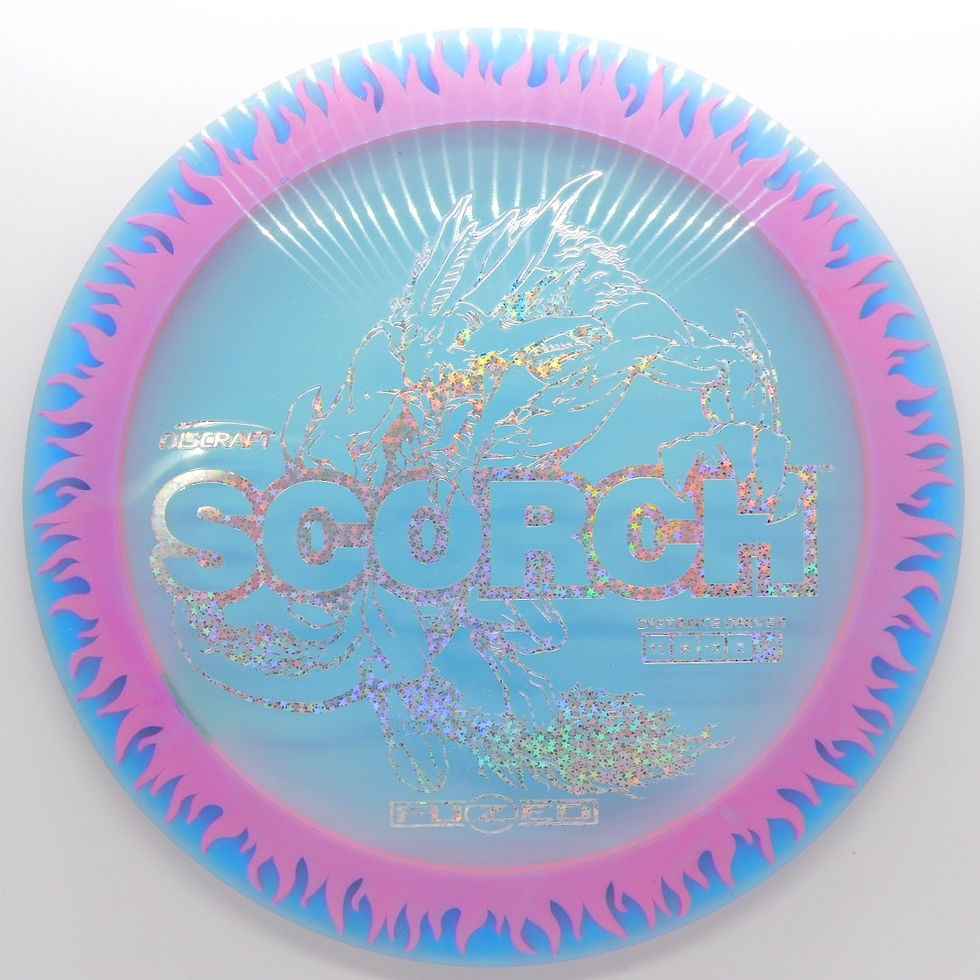 Thumbnail: DISCRAFT FUZED LINE SCORCH notably domey, adding extra glide for those big turnover shots and hyzer flips vibrant flame-burst