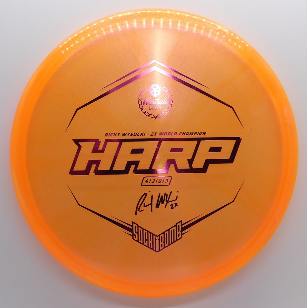 Westside Harp is an overstable putt & approach disc with an ultra-flat top utilized for straight drives with fade at the end