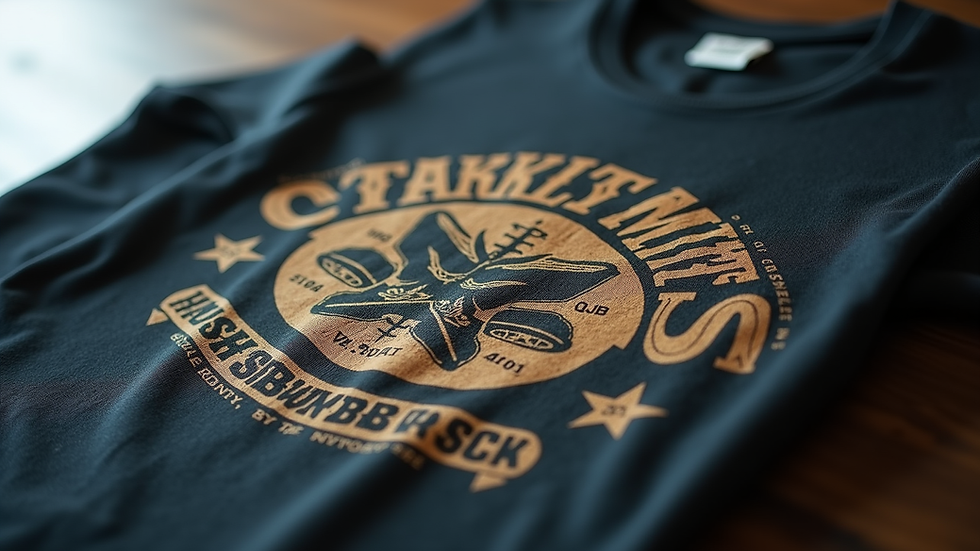 Close-up view of a custom t-shirt with a vintage-style logo and bold typography