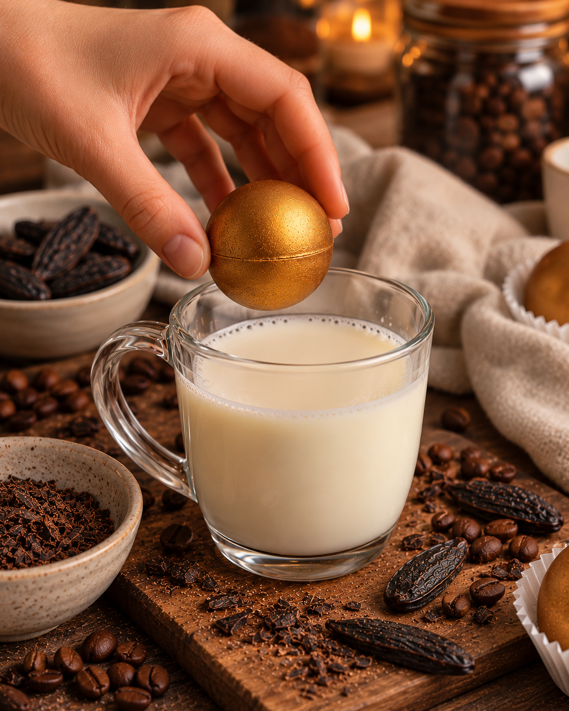 Bombe de chocolat chaud garnie de guimauves –Chocolat Noir 70 % et Fève de tonka