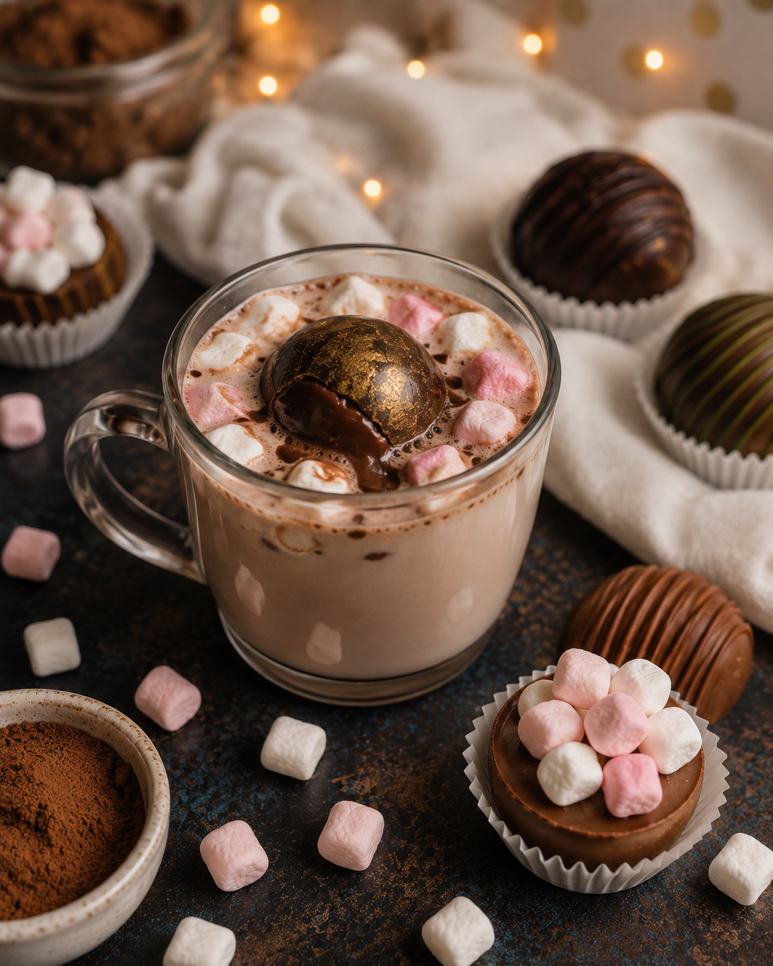 Bombe de chocolat chaud garnie de guimauves – Chocolat Noir 70 %