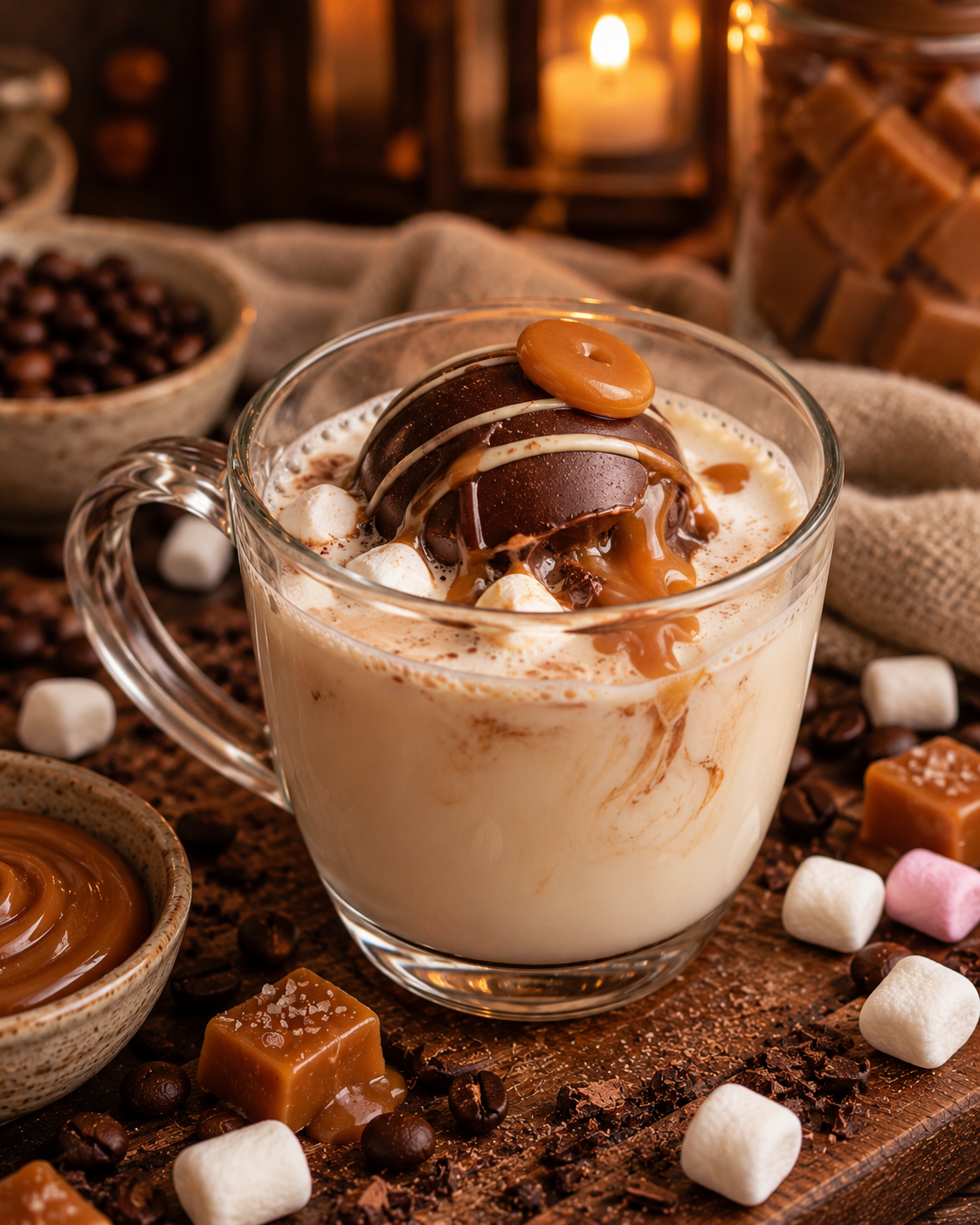 bombe de chocolat chaud garnie de guimauves - caramel beurre salé