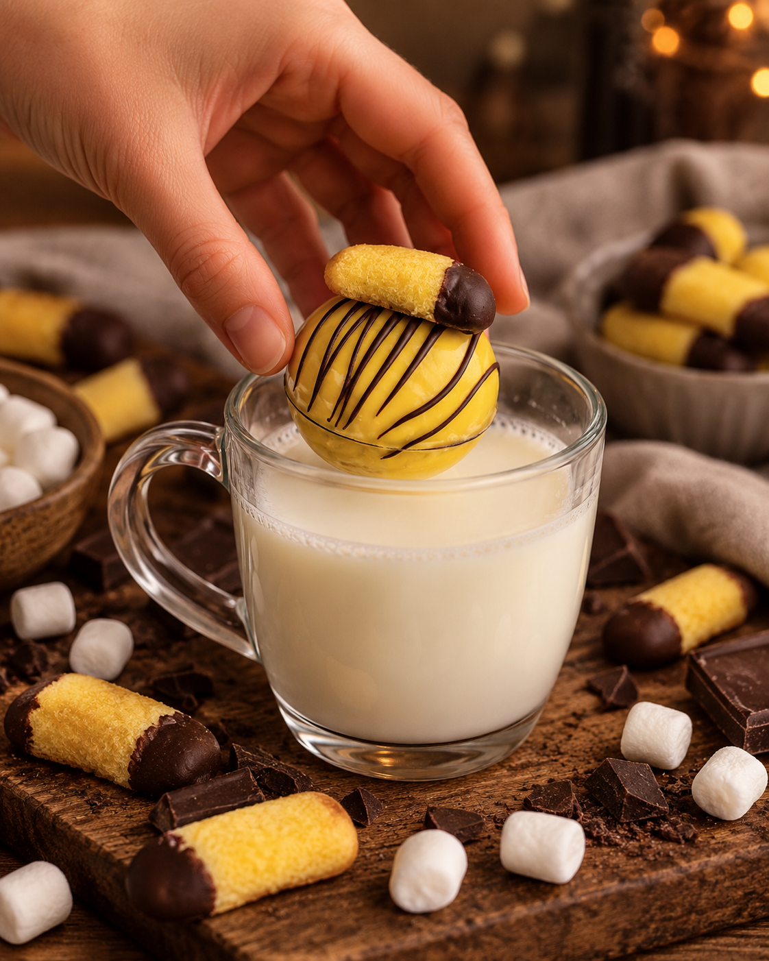 bombe de chocolat chaud garnie de guimauves - banane et chocolat 70%