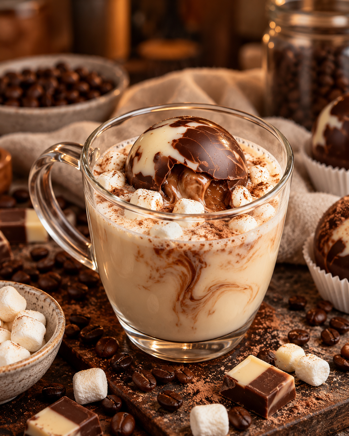 bombe de chocolat chaud garnie de guimauves - moka