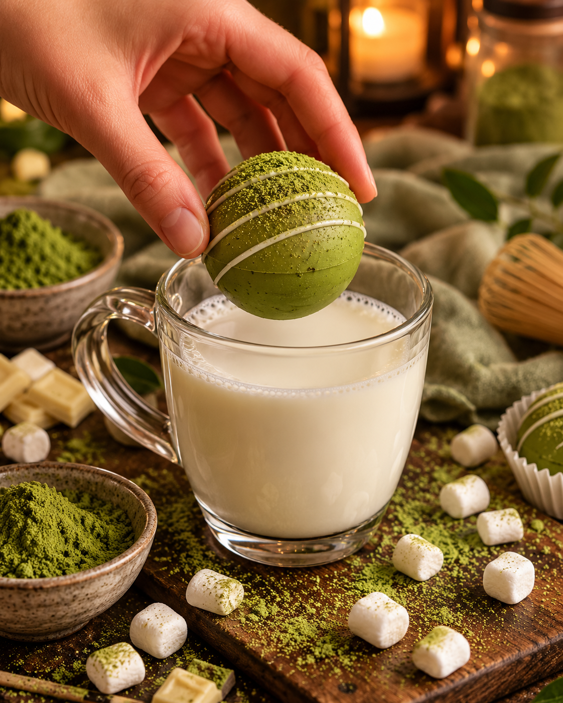 bombe de chocolat chaud garnie de guimauves- matcha