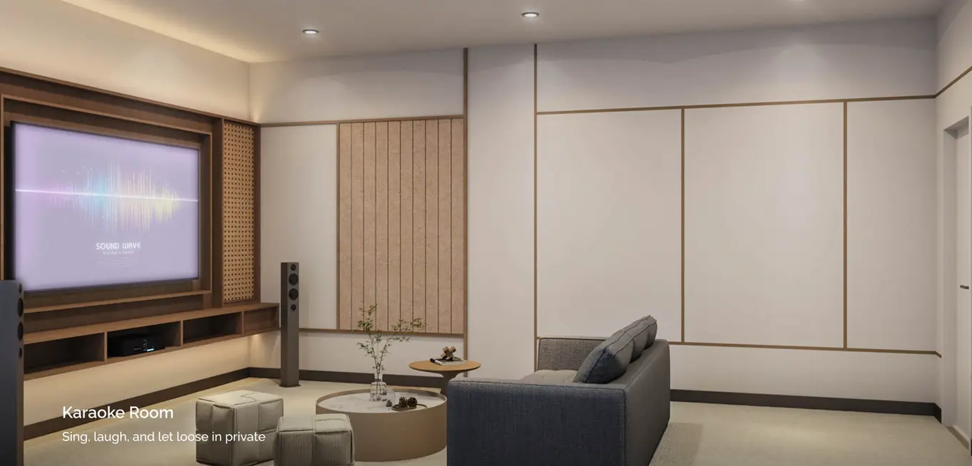Modern AV room featuring a private entertainment space for residents at Veridian Residence.