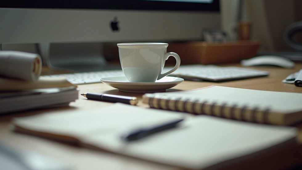 Eye-level view of a cluttered desk with unfinished notebooks and a coffee cup