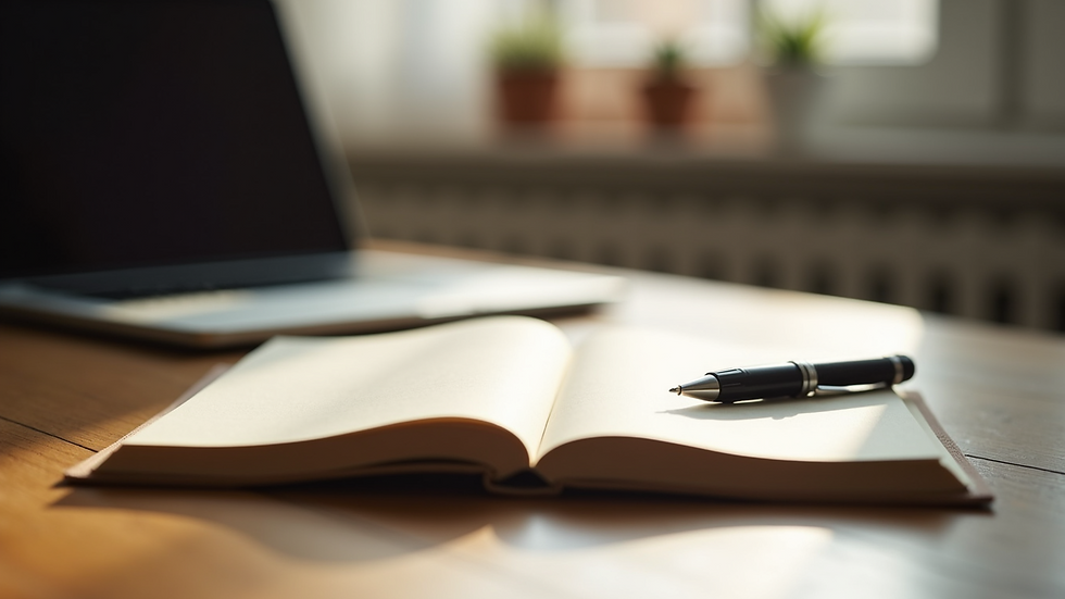 Close-up view of a journal and pen on a wooden table for emotional check-ins