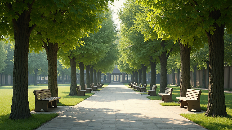 High angle view of a peaceful outdoor space with trees and benches