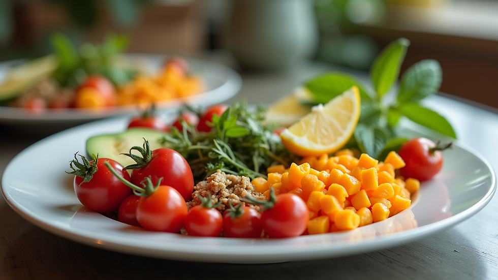 Close-up view of a colorful plate filled with whole foods and soul foods