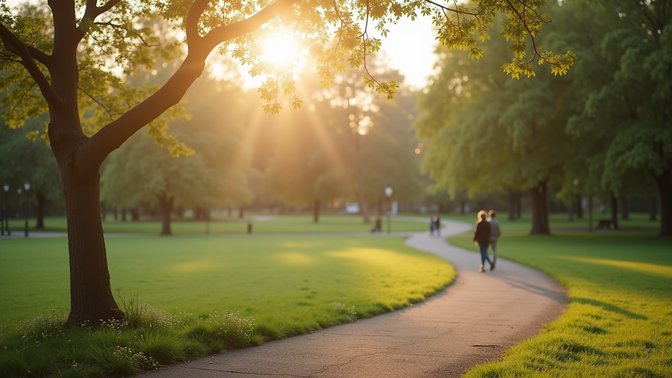 Eye-level view of a serene park with a bench under a tree