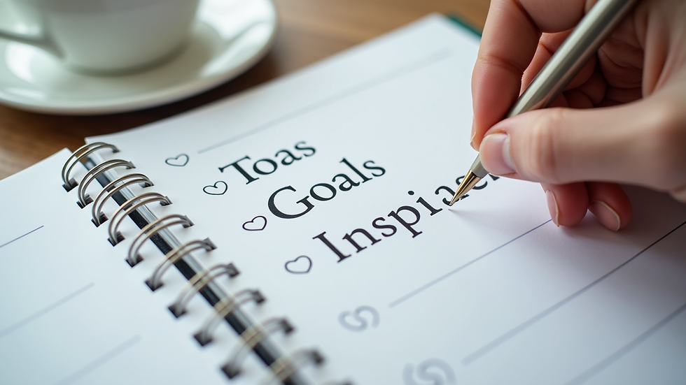 Close-up view of a planner with written goals and motivational stickers