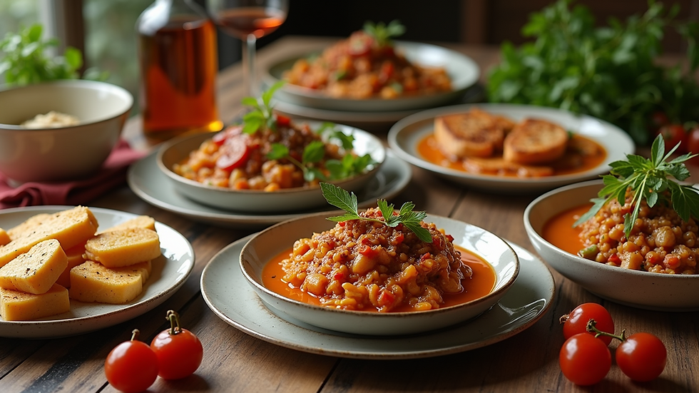 Eye-level view of a traditional soul food spread on a dining table