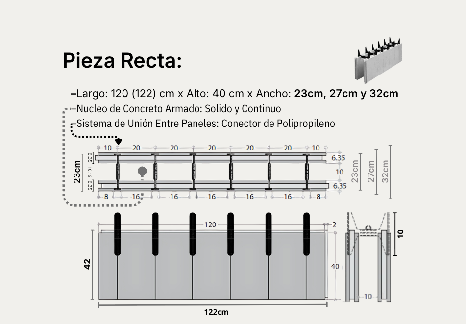 Straight Form:
Length: 120 (122) cm x Height: 40 cm x Width: 23cm, 27cm, and 32cm

Reinforced Concrete Core: Solid and Continuous

Panel-to-Panel Joint System: Polypropylene Connector