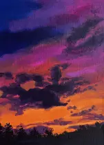 Warm acrylic landscape "Sunset" by Klaudia Wojciech, South West UK painter. Golden hour scenery, dramatic sky painting.