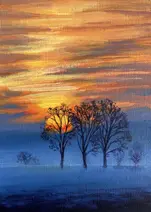 Luminous painting "Sunlight Piercing the Mist" by Klaudia Wojciech, Bristol artist. Misty landscape with shafts of light, atmospheric UK art.
