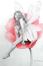 Mixed media drawing (pencil and coloured pencils) of a fairy, delicate wings and ethereal details create magical mood.