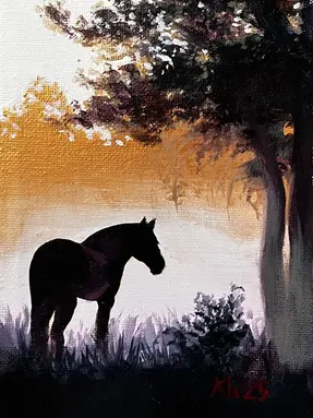 Horse and fog: Mystical horse in fog, atmospheric landscape by Polish artist in Bristol, acrylic on canvas.