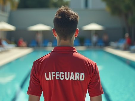 A professional lifeguard in uniform observing a pool