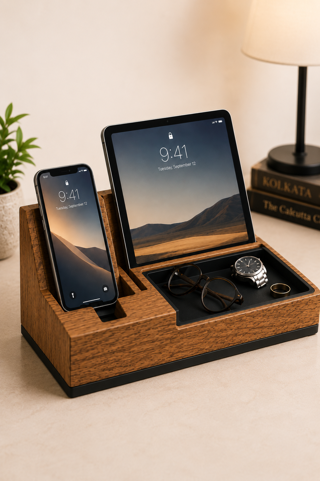 Multi-Device Wooden Desk Organizer & Stand