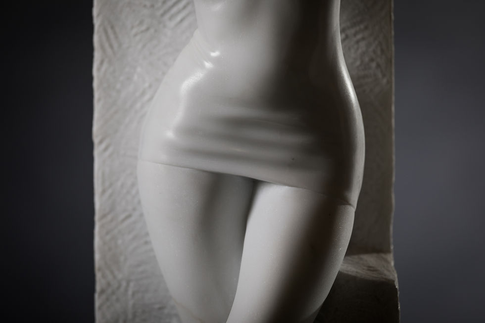 Miniature : Sculpture Karyatude, corps féminin stylisé en marbre statuaire sur socle en marbre noir de Belgique, alliance entre art class