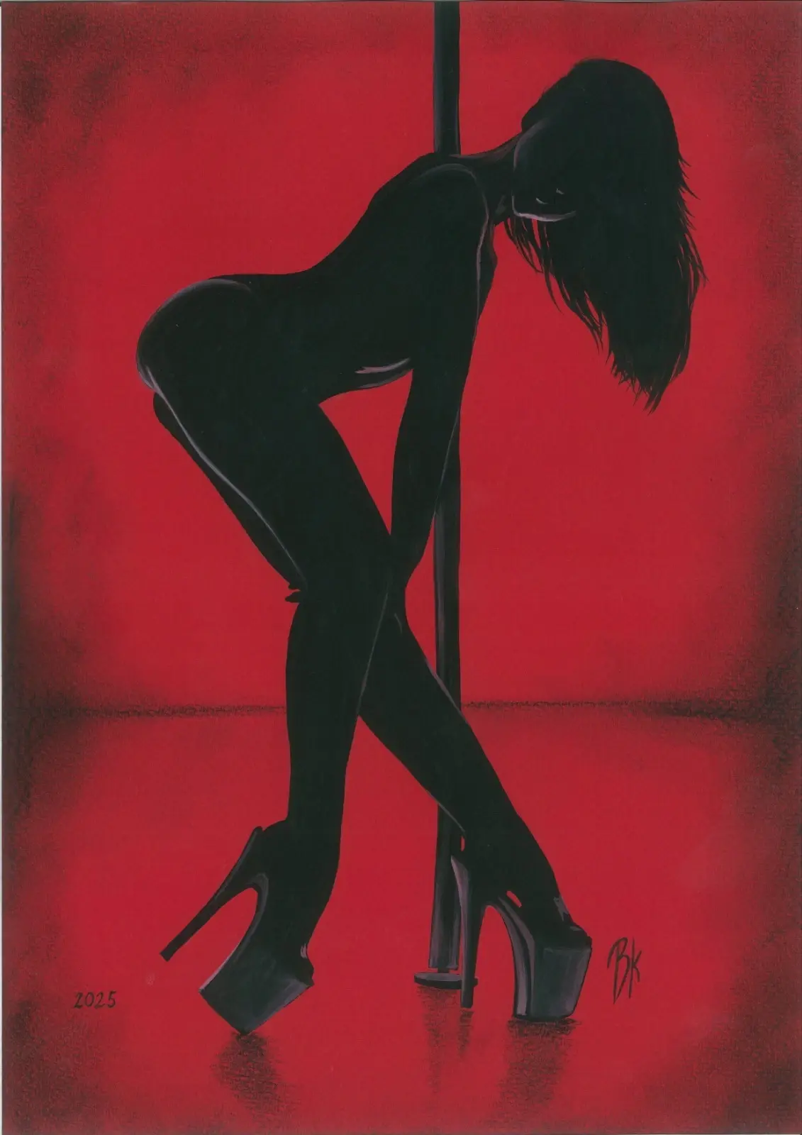 Danse en rouge II, peinture originale acrylique sur papier A4, pole dance silhouette féminine par Vitrenko Kateryna 🇺🇦, 202