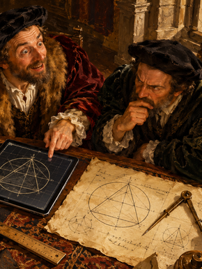 Two Renaissance mathematicians debate geometric proofs on parchment and a modern tablet, balancing excitement with doubt. Made by Edward Frank Morris