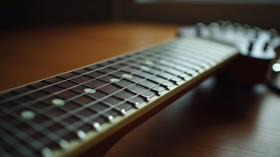 Close-up view of a guitar fretboard with numbered fret markers